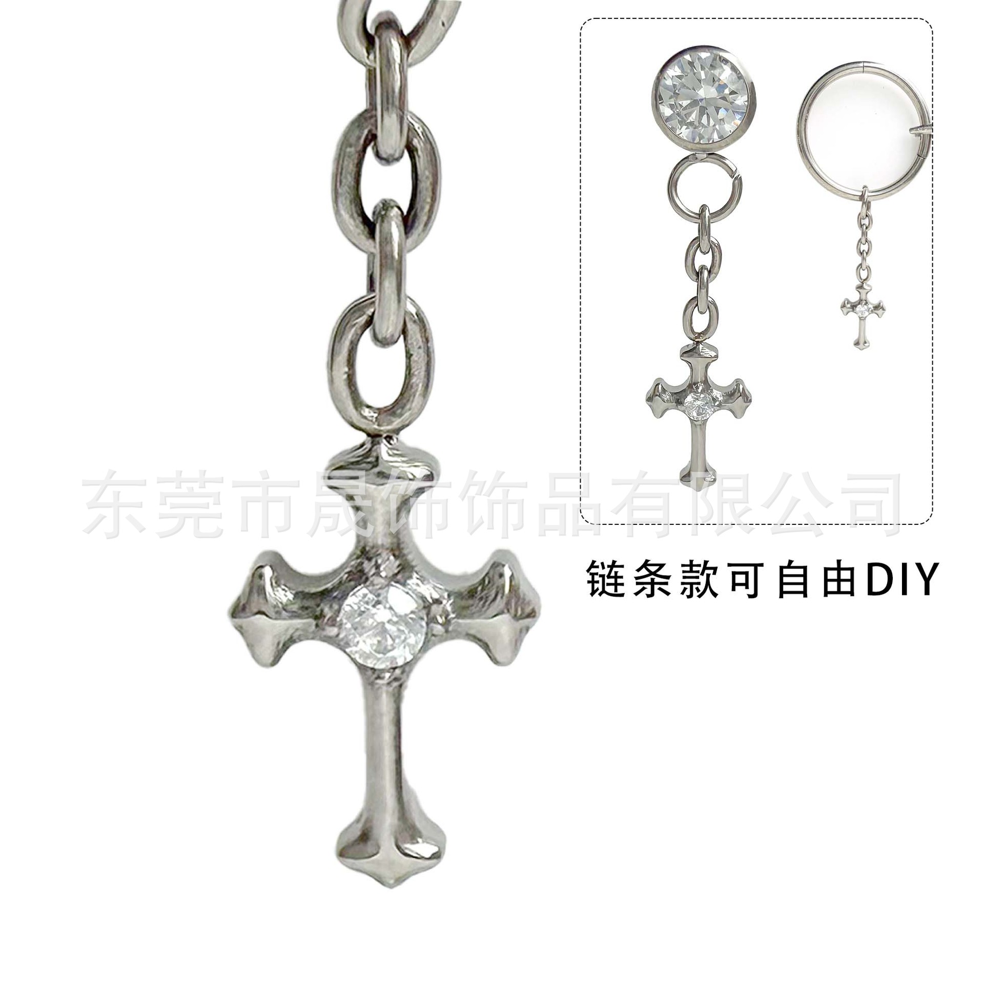 F136钛耳钉朋克十字架镶嵌锆石耳骨钉G23钛合金人体穿刺饰品耳钉