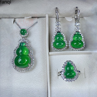 Ice Chalcedony Pendant Women's Jade Earrings Jade Ring Inlaid with Gemstones Internet Celebrity Popular Agate Earrings