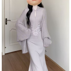 JUEMEI 时髦新中式复古盘扣旗袍修身连衣裙搭软糯针织开衫两件套