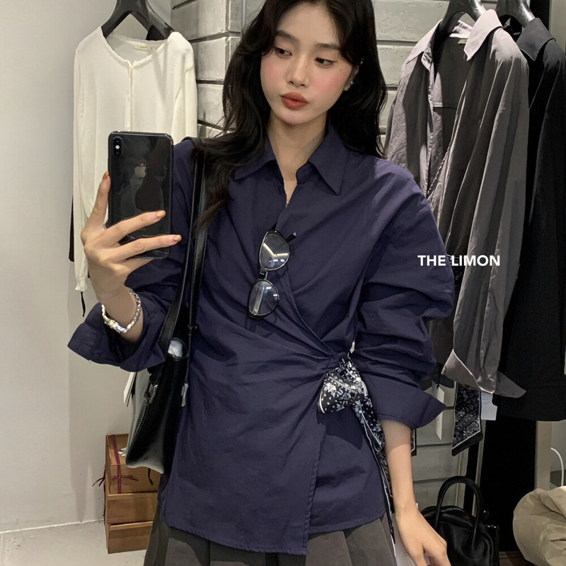 the limon柠檬绿茶2025秋季新款设计感侧绑带丝带收腰衬衫女上衣|undefined