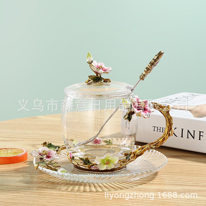 Esmalte taza de agua de color flor creativa taza de té taza de jugo taza de vidrio de cristal resistente al calor taza de café taza de pareja de gama alta regalo de la taza