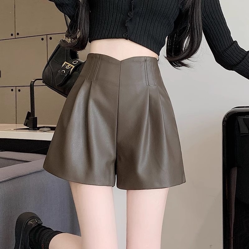 黑色哑光皮短裤女秋冬外穿高腰a字阔腿皮裤小个子宽松三分靴裤子