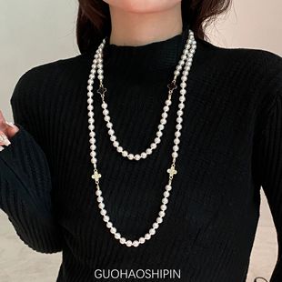 High-end french style long pearl necklace women's elegant multi-layer sweater chain light luxury niche design clothes pendant