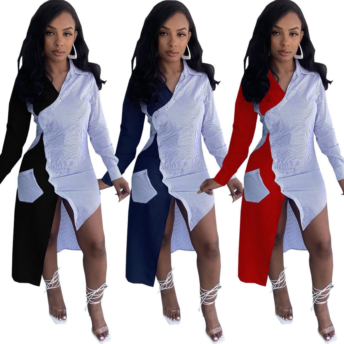 color matching shirt long pocket dress Nihaostyles wholesale clothing vendor NSSJW74290