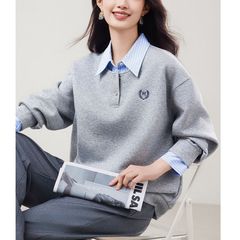 ファッショナブルなステッチフェイクツーピースラペルスウェットシャツ女性用春の新コントラストカラーポップカラー大学ルーズカジュアルトップ女性用