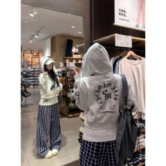 美式复古哥特风字母印花短款开衫休闲连帽外套秋季2025新款帽衫女
