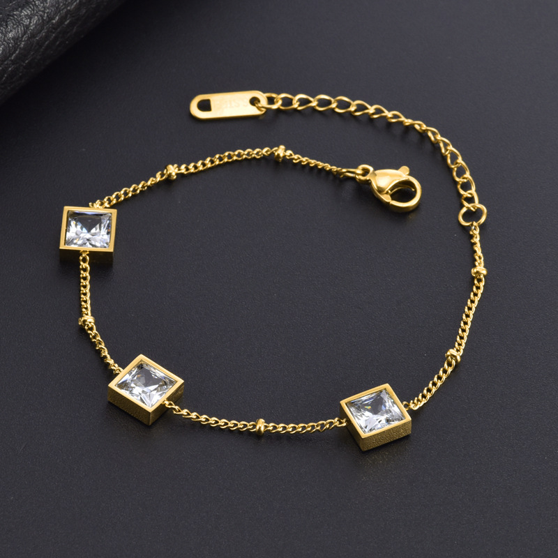 15g Weight Vacuum Plating Gold Plating Process 18K Gold Plated Plating Material Titanium Steel 18K Gold Plated Simple Style Inlay Square Rhinestones Bracelets Necklace