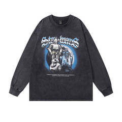 TKPA American streetwear T-shirt with white and black direct spray high-definition printing round neck top, high-end water-washed loose long-sleeve T-shirt for men