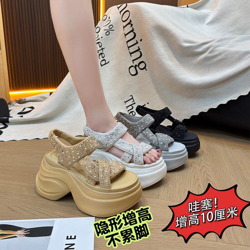 Thick-Soled 10cm Height-Increasing Sandals for Women, 2026 Summer New Style, Versatile Genuine Leather Soft-Soled Casual Rhinestone Platform Shoes Thick-Soled 10cm Height-Increasing Sandals for Women, 2026 Summer New Style, Versatile Genuine Leather Soft-Soled Casual Rhinestone Platform Shoes