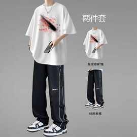 纯棉短袖t恤男夏季休闲运动套装痞帅气男装一套搭配休闲裤两件套