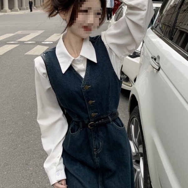 法式复古背心长裙牛仔连衣裙2025衬衫两件套新款女装早秋小个子|undefined