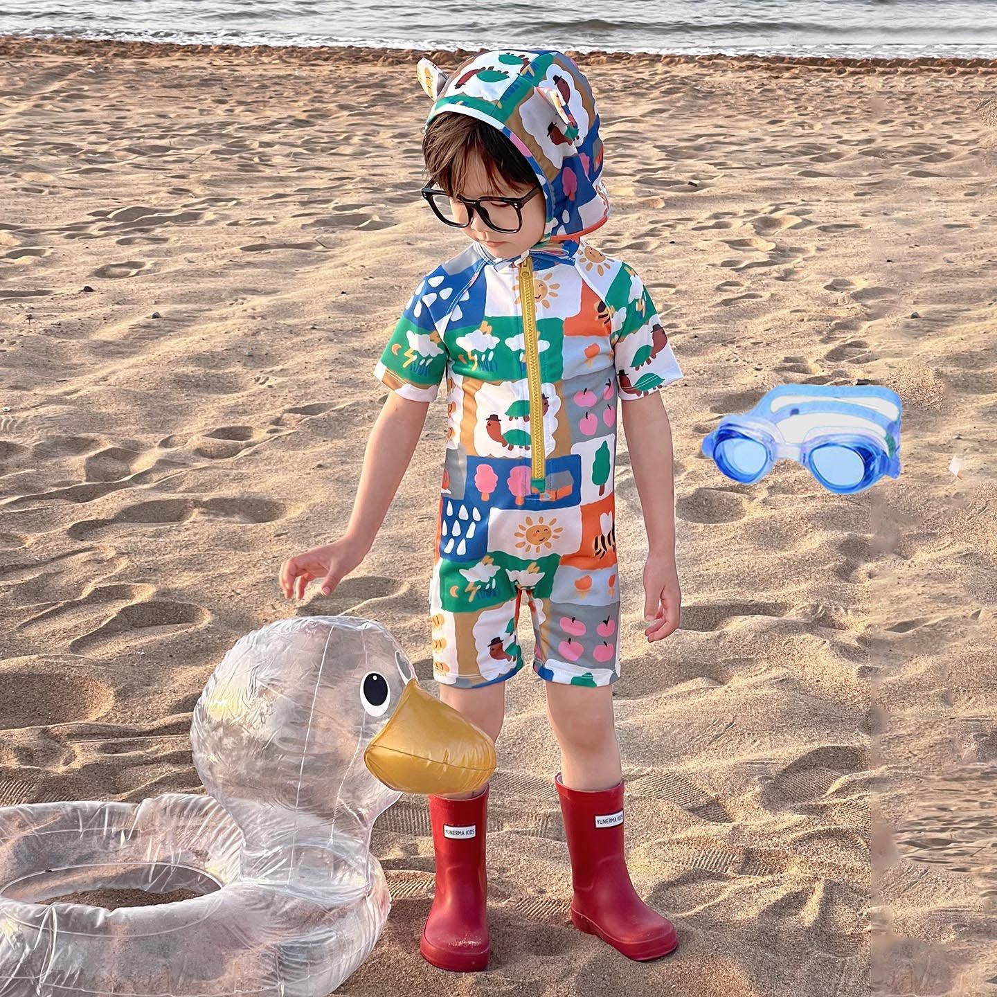 6062 # 멀티 컬러 수영복 + 수영 모자 + 수영 고글