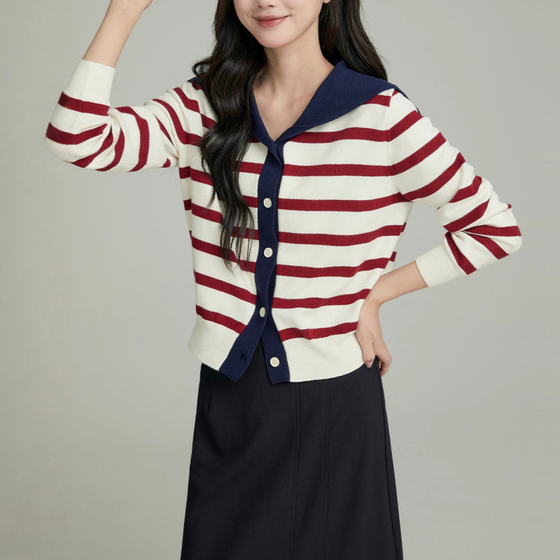 海军领条纹毛衣针织开衫女士2025年秋冬新款季韩系穿搭小个子上衣|undefined