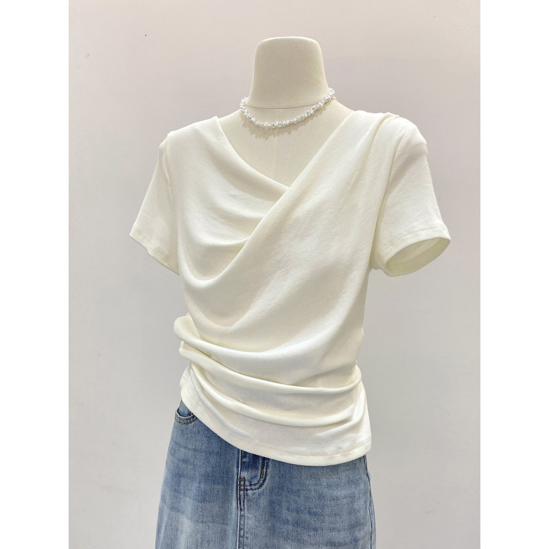 High-End Base Top for Summer, Age-Reducing, Irregular Pleated Swing Collar, Short-Sleeved Off-Shoulder Niche Fashion Versatile T-Shirt