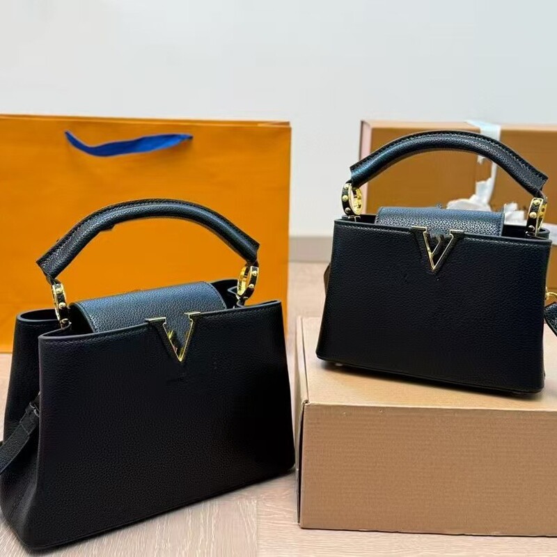Cross-Border Genuine Leather New Luxury Lady Bag, Cap Tote Bag, Single Shoulder Black Calfskin Handbag, Crossbody Bag, First Layer Leather Women's Bag