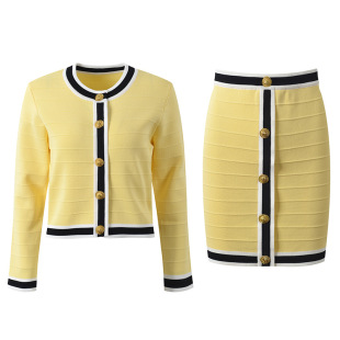 French Style Chanel Metal Buckle Elegant Fashion Yellow suit 2024 Autumn Contrast Crewneck Long Sleeve Top Skirt