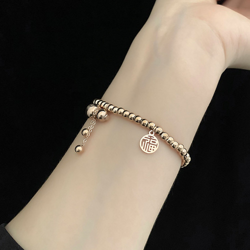 New style simple small gourd titanium steel ball elastic rope bracelet with blessing characters, non-fading retractable bracelet for women