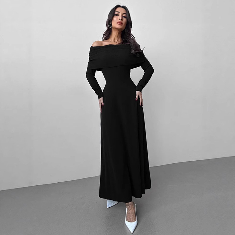 European and American Fashion Elegant Sexy Sexy Lv Women's Pure Color Basic Simple Slit One-Shoulder Long Skirt Dress