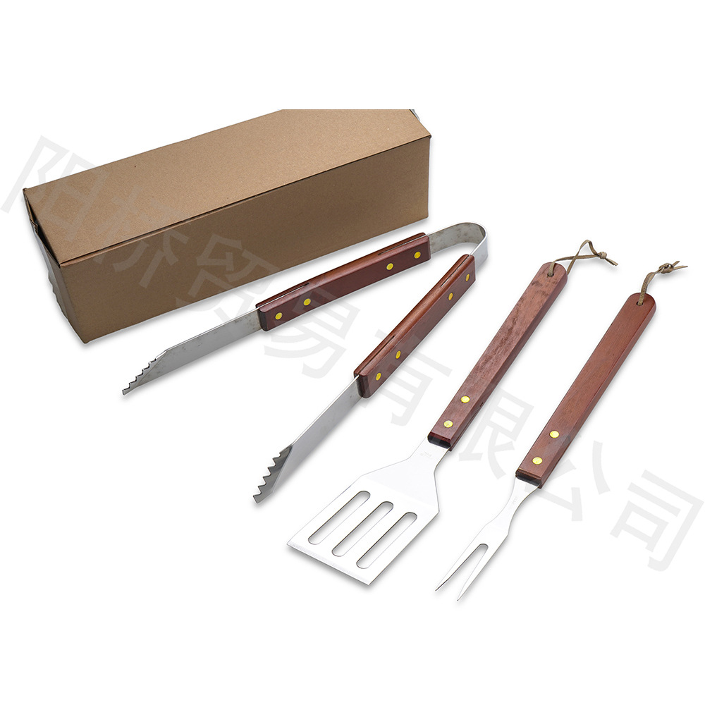 Mango de madera barbacoa tenedor pala clip combinación parrilla barbacoa al aire libre herramientas exportación Amazon portátil barbacoa conjunto de tres piezas