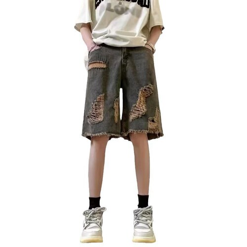 American retro ripped jeans shorts, men's summer thin style, loose niche design, quarter pants, high street fashion brand