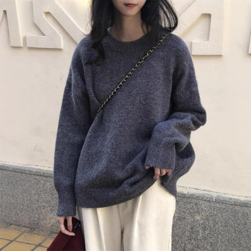 跨境韩系慵懒圆领毛衣女秋冬新款宽松显瘦打底套头内搭针织衫上衣|undefined