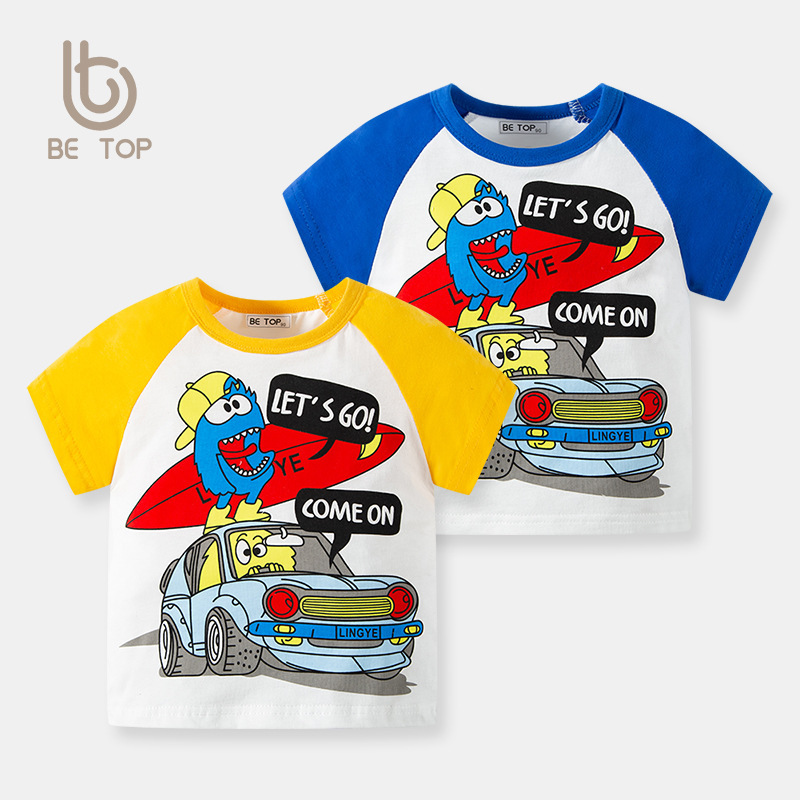 Personalizada ropa infantil de verano impresión de dibujos animados para niños camiseta de manga corta camiseta de color contraste chaqueta de niño al por mayor una muestra