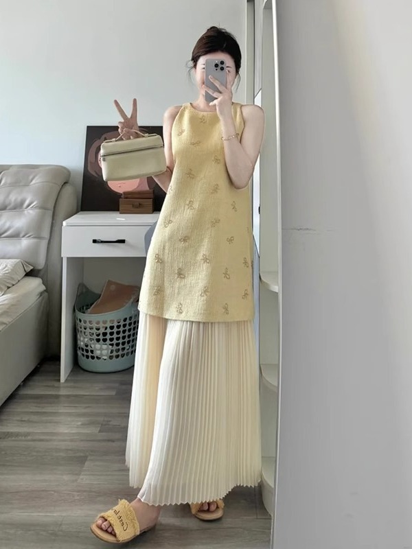 法式复古无袖背心挂脖连衣裙女装夏季感小香风叠穿套装裙子女|undefined