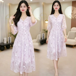 时尚V领夏季印花连衣裙女2026新款洋气优雅修身过膝长款法式裙子