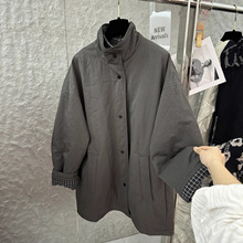 高端欧货秋冬季新款宽松休闲立领单排扣棉服外套格子拼接大衣女