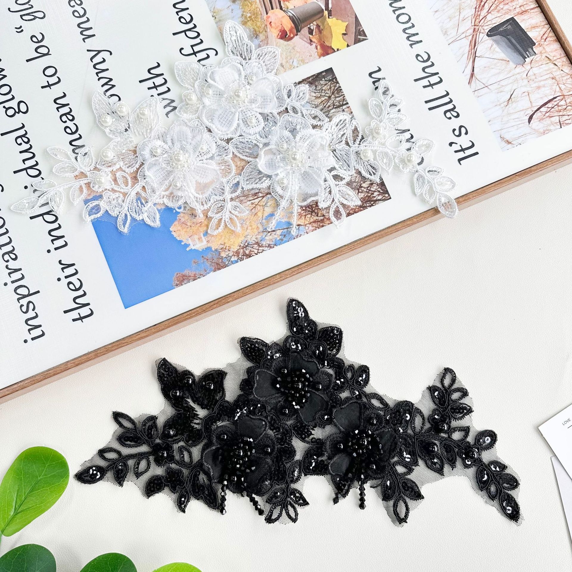 Cuentas tridimensionales bordadas de encaje hoja de flor de rama negra diseño DIY ropa zapatos sombreros bolsos turbanos camisa accesorios de decoración