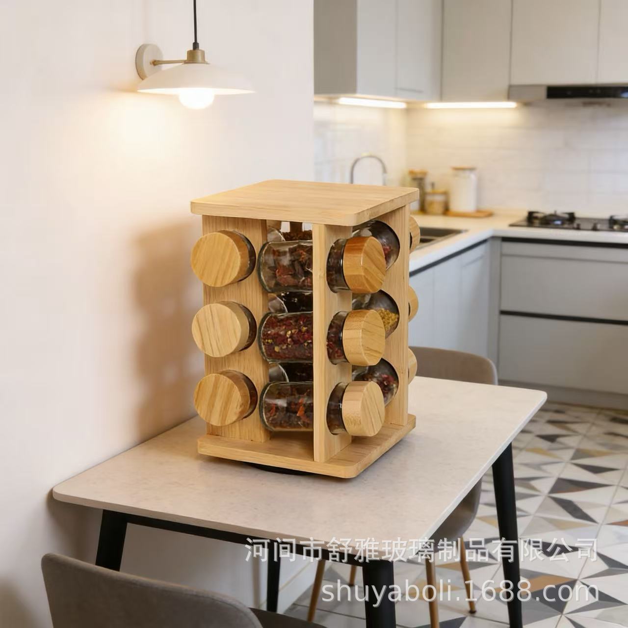 Explosiones transfronterizas 12 latas de vidrio cubierta de bambú y madera multicapa condimento rotativo multifuncional marco de acabado de cocina de almacenamiento