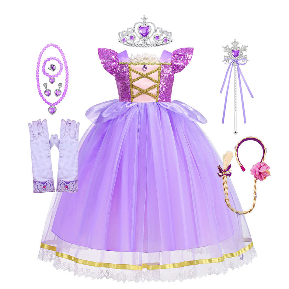 Halloween Long-Haired Rapunzel Dress New Children's Sequin Bow Fluffy Skirt Children's Dance Performance Clothing