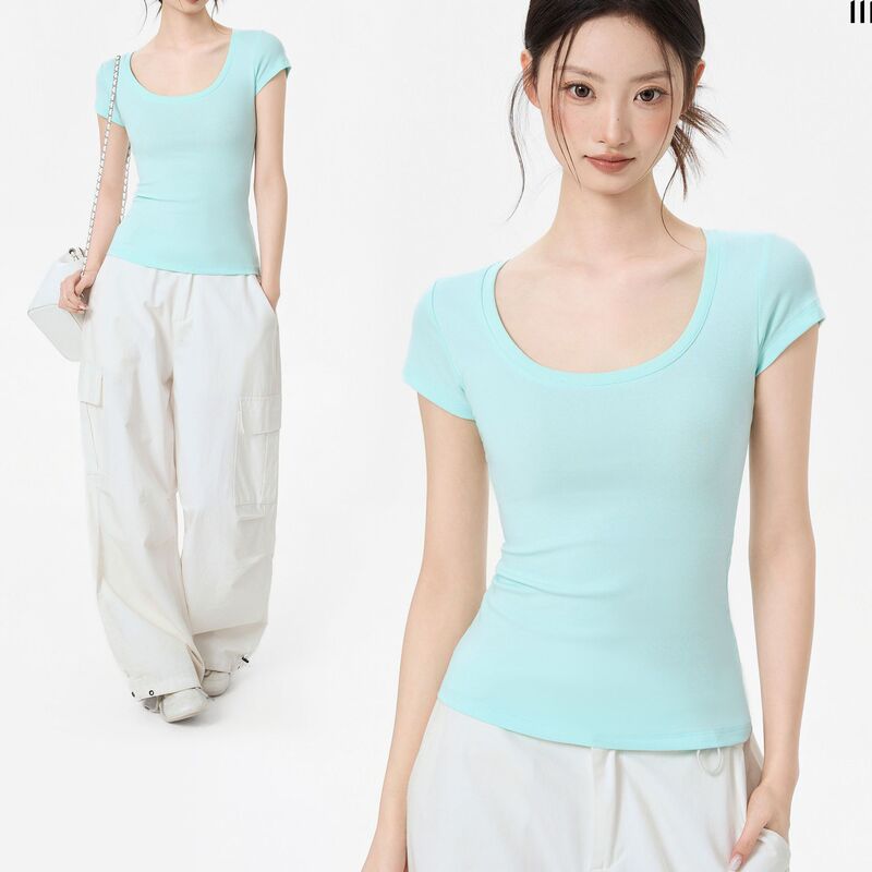 Iiiamx Mint Green U-Neck Short-Sleeve T-Shirt for Women, Summer Slim Fit, Large Neckline Top, 2026 New Model Iiiamx Mint Green U-Neck Short-Sleeve T-Shirt for Women, Summer Slim Fit, Large Neckline Top, 2026 New Model