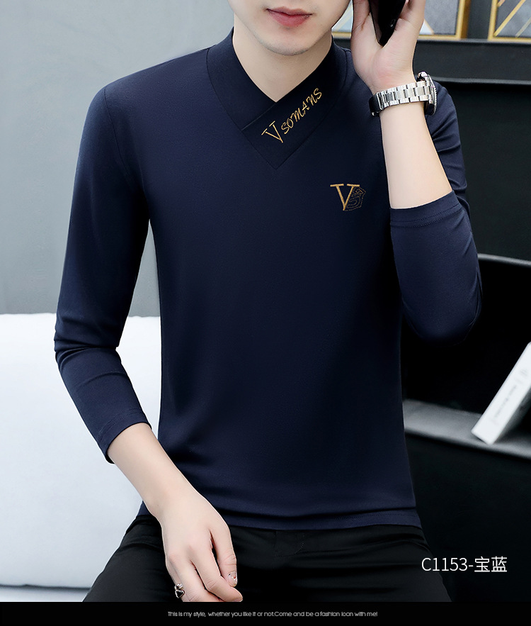 2022秋季V领新款长袖男士T恤韩版男装打底衫休闲男式T恤上衣批发 pic 15