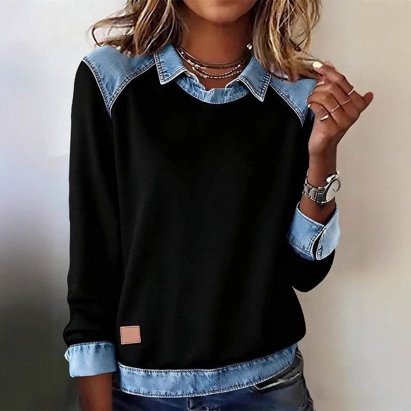 2025 European and American Clothing Independent Station Amazon Ins Denim Collar Long-Sleeved Pullover Patchwork Knitwear Top