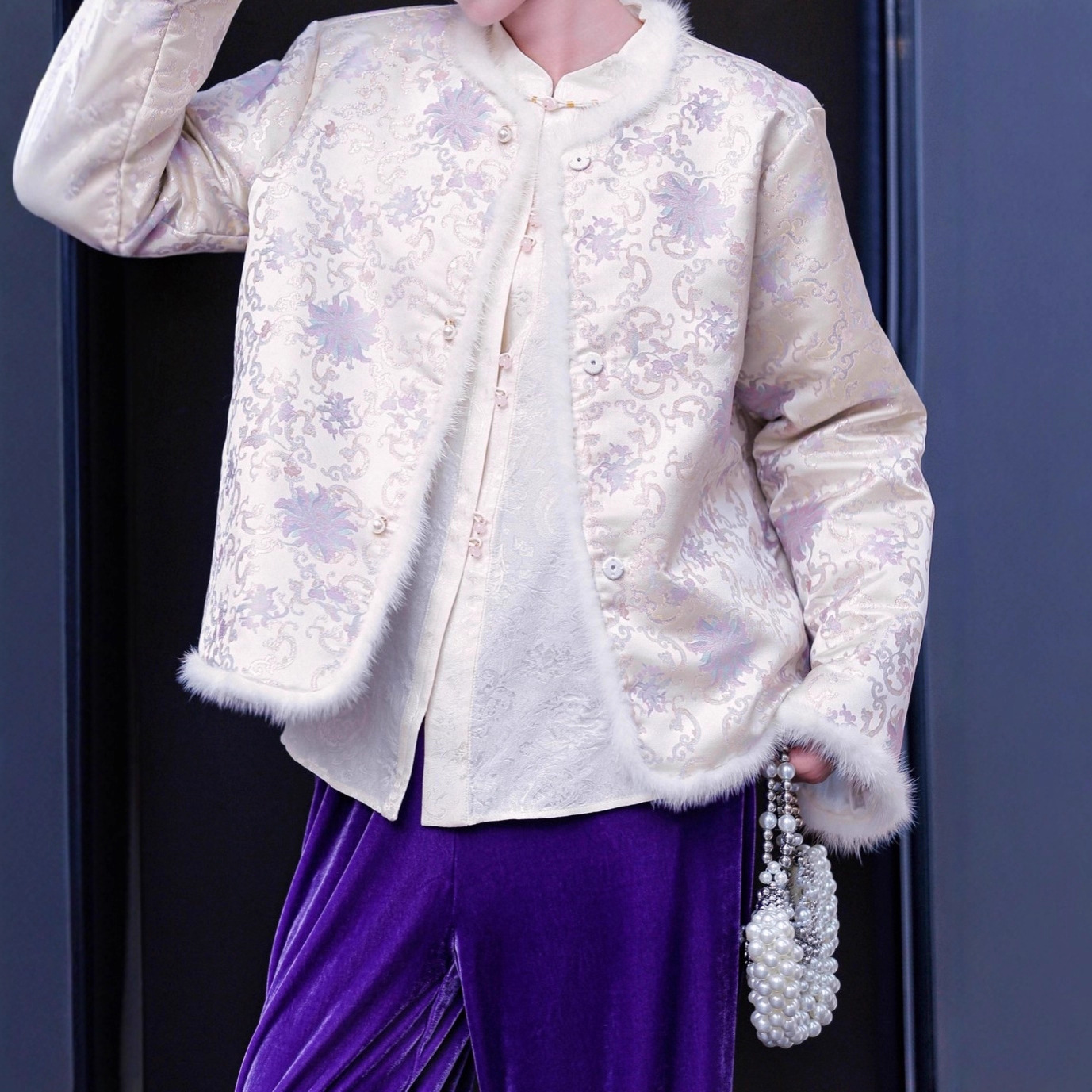 新中式系列款高端拼水貂毛新宋锦夹棉外秋冬新款国风保暖棉衣31