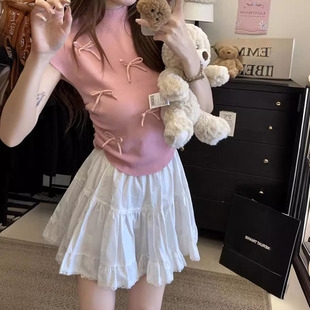 Sweet Pink Bow Half Turtleneck Short-Sleeved T-Shirt Women's Summer Waistcoat Slim Short Small Flying Sleeve Knitwear Top