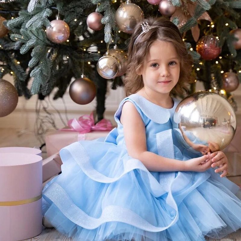 Light Blue Princess Tulle Dress For Girls – B-Class Polyester Puffy Party Gown For Flower Girls & Special Occasions (80-160cm)_voghion.com
