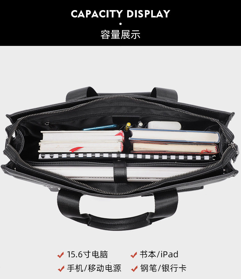 Túi xách tay nam da bò thật dung tích lớn 40×13×29 cm, đựng tài liệu và laptop 15,6 inch — Dây kéo dọc da bò màu đen, Dây kéo ngang da bò màu đen, Da cừu lớp đầu màu đen chi tiết 9