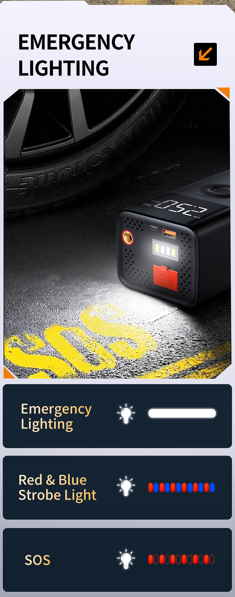 Car Emergency Start-Up and Inflation Multi-Function All-In-One Device, Power Bank Tire Inflator, Emergency Lighting Power Bank