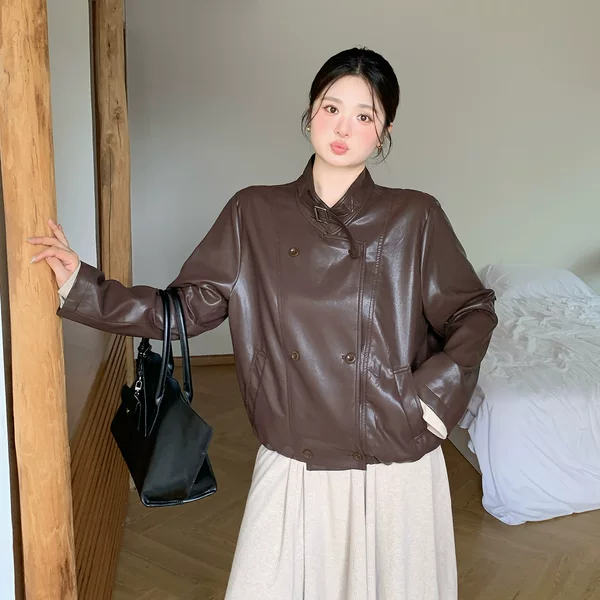 Zhixuan Plus Size Women's Clothing Maillard Stand Collar Biker Leather Jacket 2026 Autumn American Retro Short Coat 335331