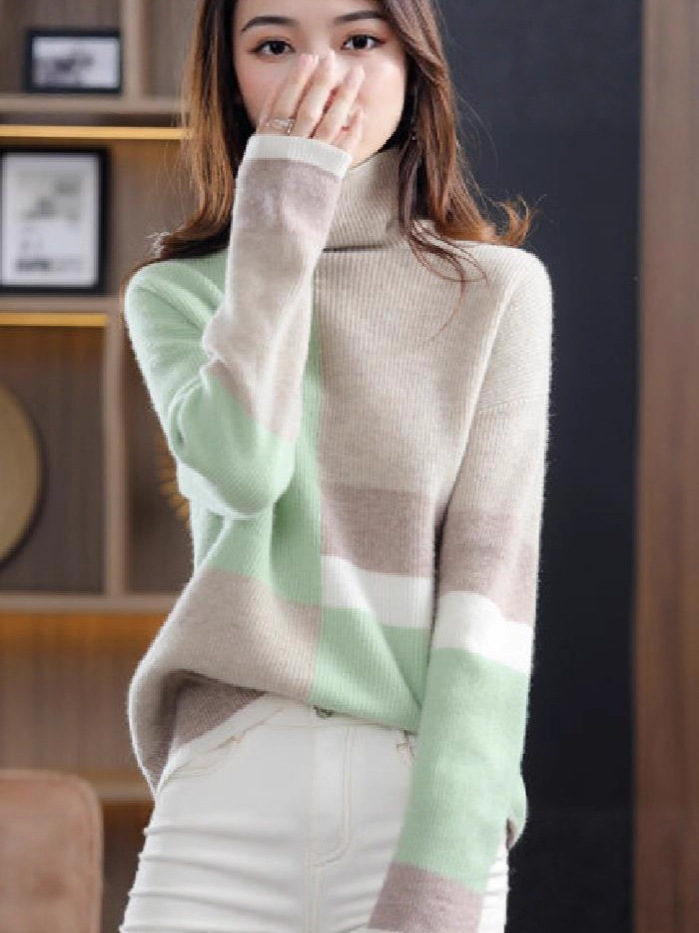 2025 New Autumn and Winter High-Neck Color-Blocked Loose Lazy Style Knitwears Warm Knitwears Women's Inner Layering Shirts Tops