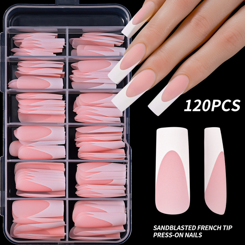 Cross-Border 120-Piece French-Style Press-On Nails, Pink Medium-Length Square Nails, Simple Ins-Style Detachable Finger Nail Pieces Wholesale