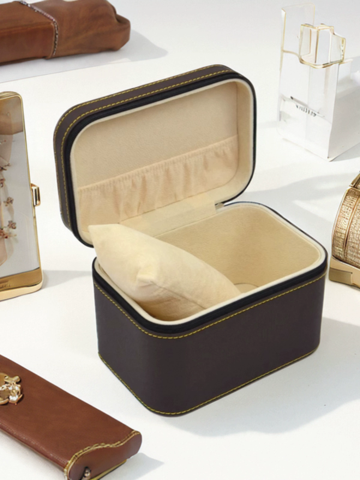 Emerald bracelet walnut, watch, storage system with zipper, stand, gift box, gold and silver