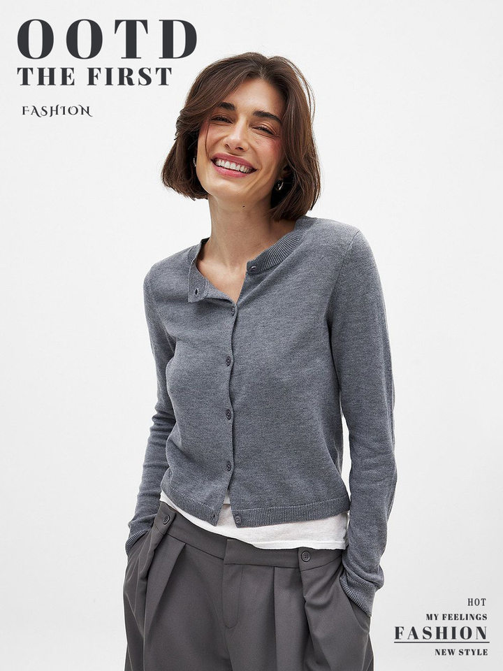 Áo cardigan dệt kim nữ cổ tròn tay dài mỏng nhẹ mặc trong — kaki, màu xanh hải quân chi tiết 1
