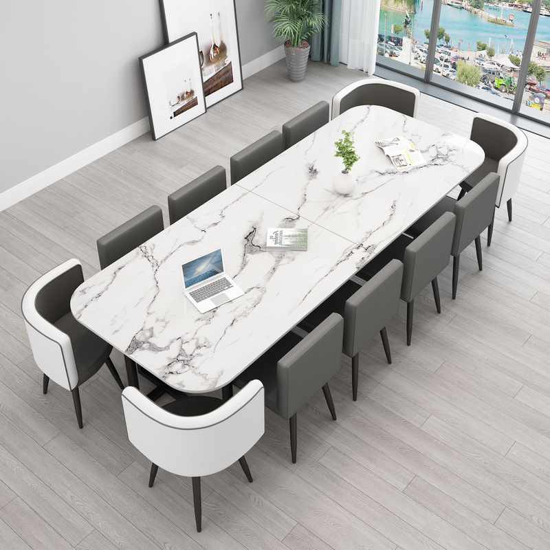 300*120 patrón de imitación de piedra costura de escritorio gris oscuro cuero blanco gris oscuro 1 mesa 12 sillas