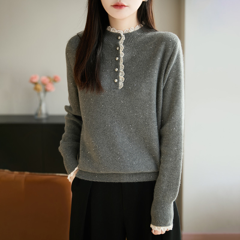 Sweet Lace Button Stand Collar Knitwear for Women in Autumn and Winter, Warm and Slimming Look, Fashionable Sequined Thickeneded Inner Knitwear