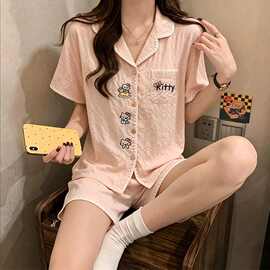 实拍夏季新款云朵棉月牙边睡衣女韩系卡通甜美可爱开衫家居服套装