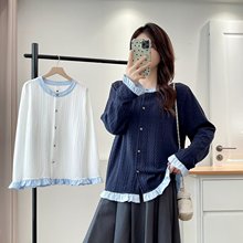 200斤胖妹妹秋季新款气质撞色木耳边麻花上衣大码洋气小衫女8034