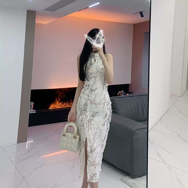 小XIAOXI踏雪寻梅黑色挂脖碎花雪纺改良旗袍连衣裙秋装2优雅气质